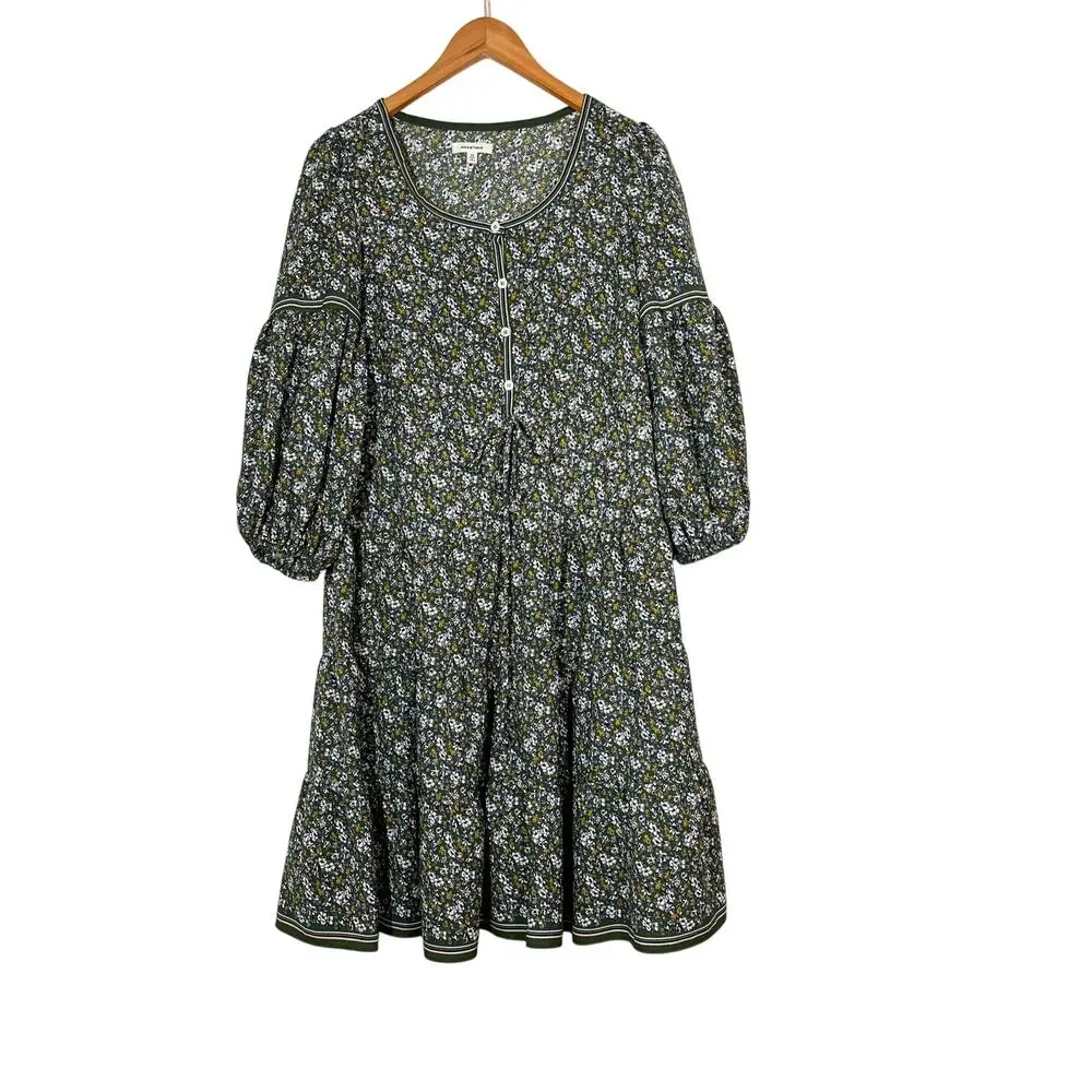Max Studio Tiered Floral Long Sleeves‎ Dress Sz XS Relaxed Fit Green Multicolor